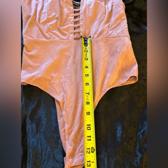 Haute Monde Ladder Cut Out Spaghetti Strap Bodysuit in Pink suede microfiber - Picture 9 of 11